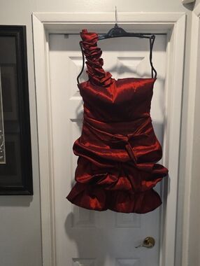 Dots Red Satin One-Shoulder Cocktail Dress